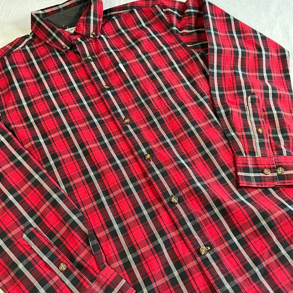 Mens Carhartt Red Black Plaid 100% Cotton Pocket Flannel Shirt (Medium)
